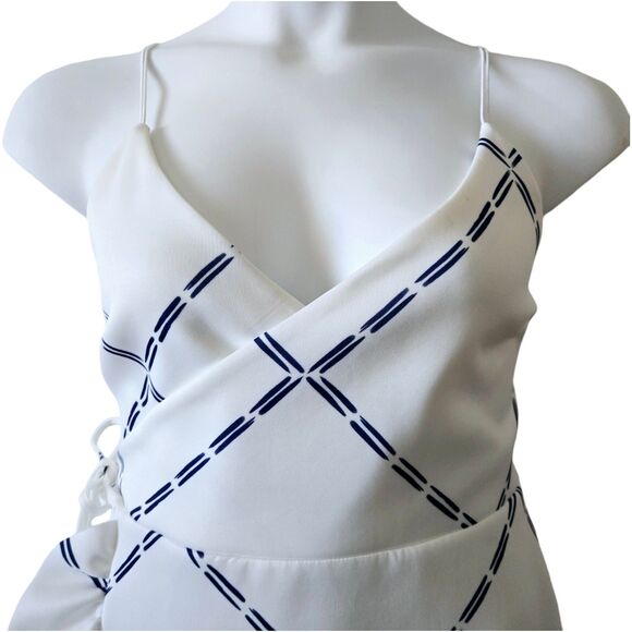 ASOS Women's Spaghetti Strap Wrap Mini Dress • Ruffle Hem • White & Blue • 14 XL - Picture 3 of 8
